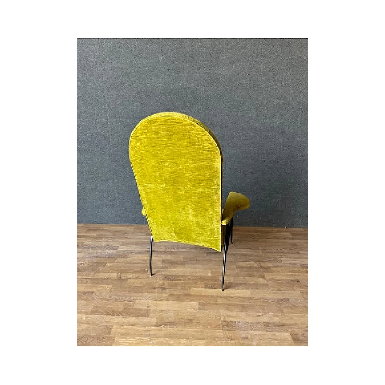 Pair of iron, brass and velvet armchairs, 1950s 8