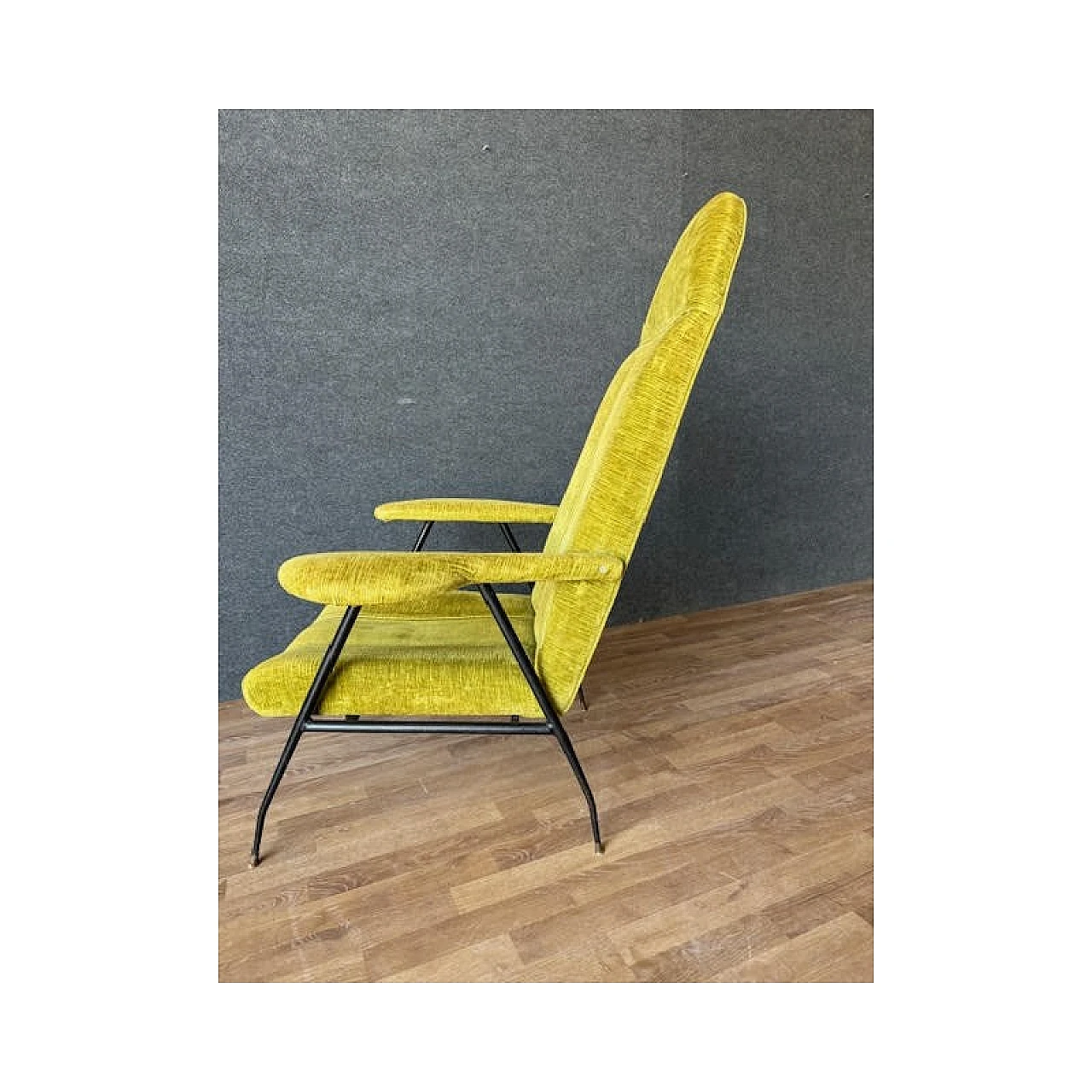 Pair of iron, brass and velvet armchairs, 1950s 9