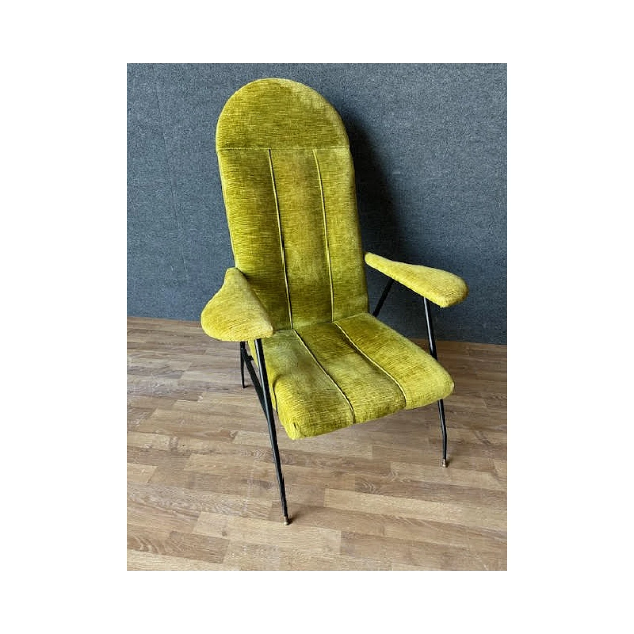 Pair of iron, brass and velvet armchairs, 1950s 10