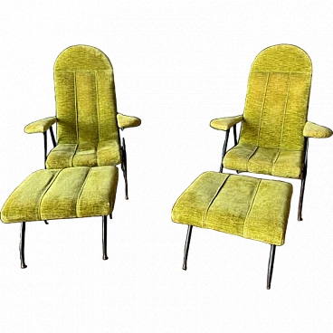 Pair of iron, brass and velvet armchairs, 1950s