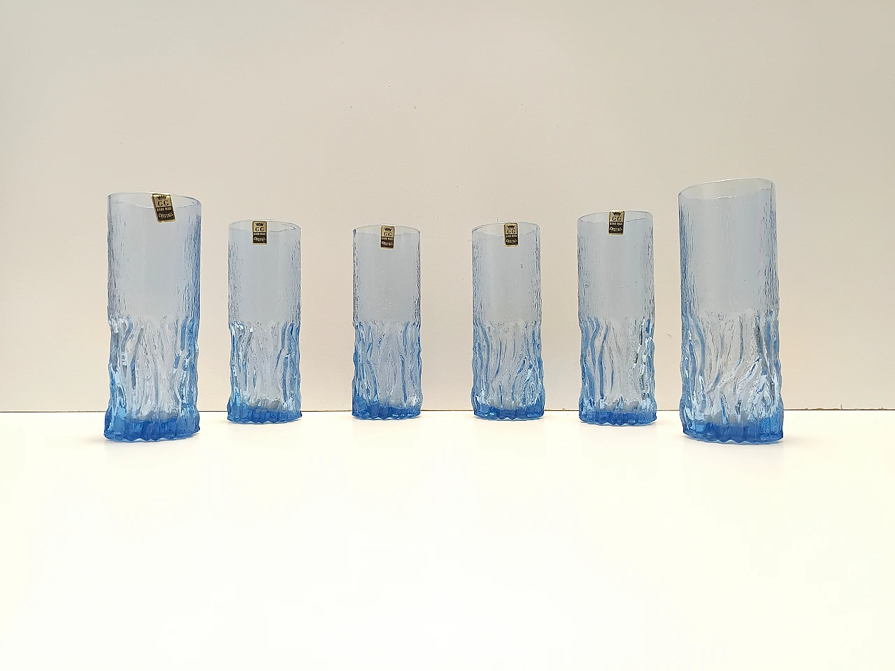 Postmodern set of six blue crystal handmade drinking glasses, 70s 1