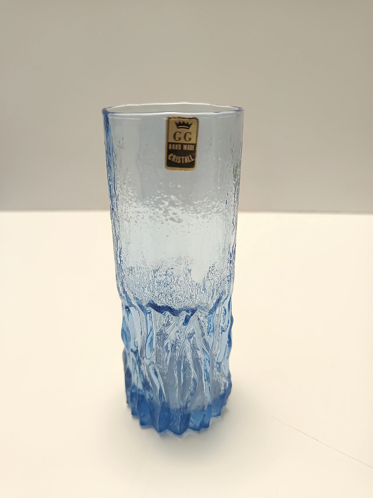 Postmodern set of six blue crystal handmade drinking glasses, 70s 2