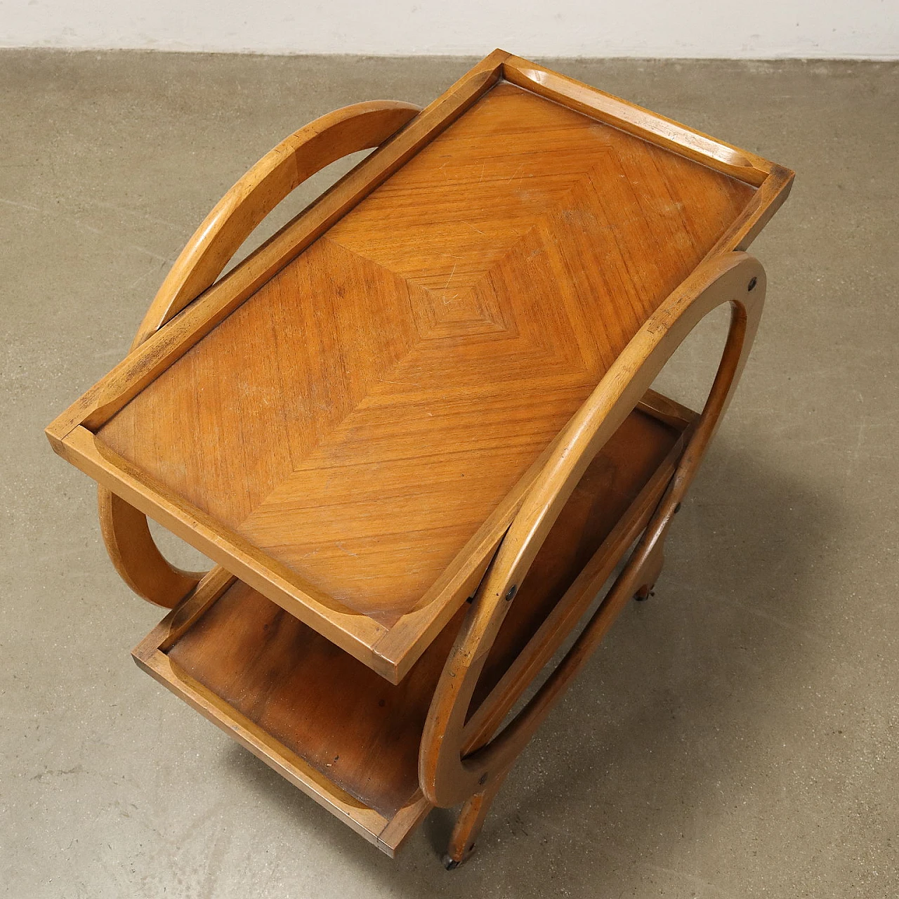 Double-top bar cart made of stained beech and walnut veneer, 1950s 6