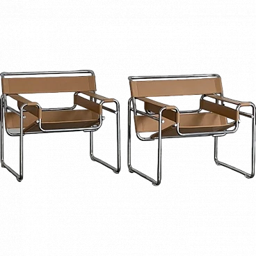 Coppia di poltrone Wassily B3 in pelle nocciola di Knoll International