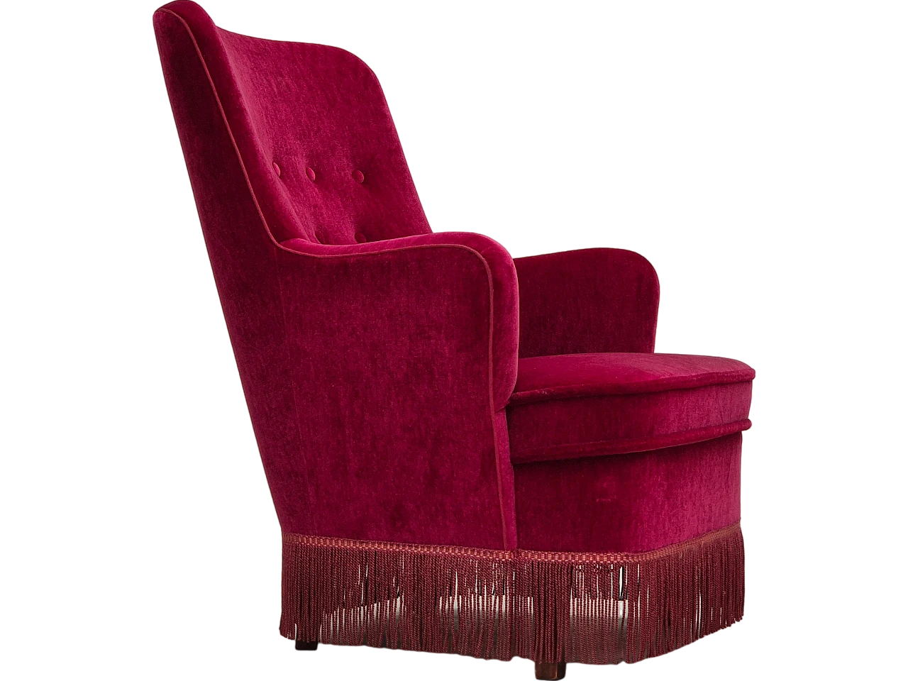 Red velvet danish armchair with fringe, 70s 18