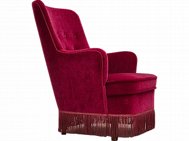 Red velvet danish armchair with fringe, 70s