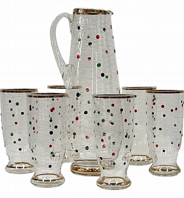 Set 6 bicchieri con caraffa vetro soffiato decoro colorato, anni '50