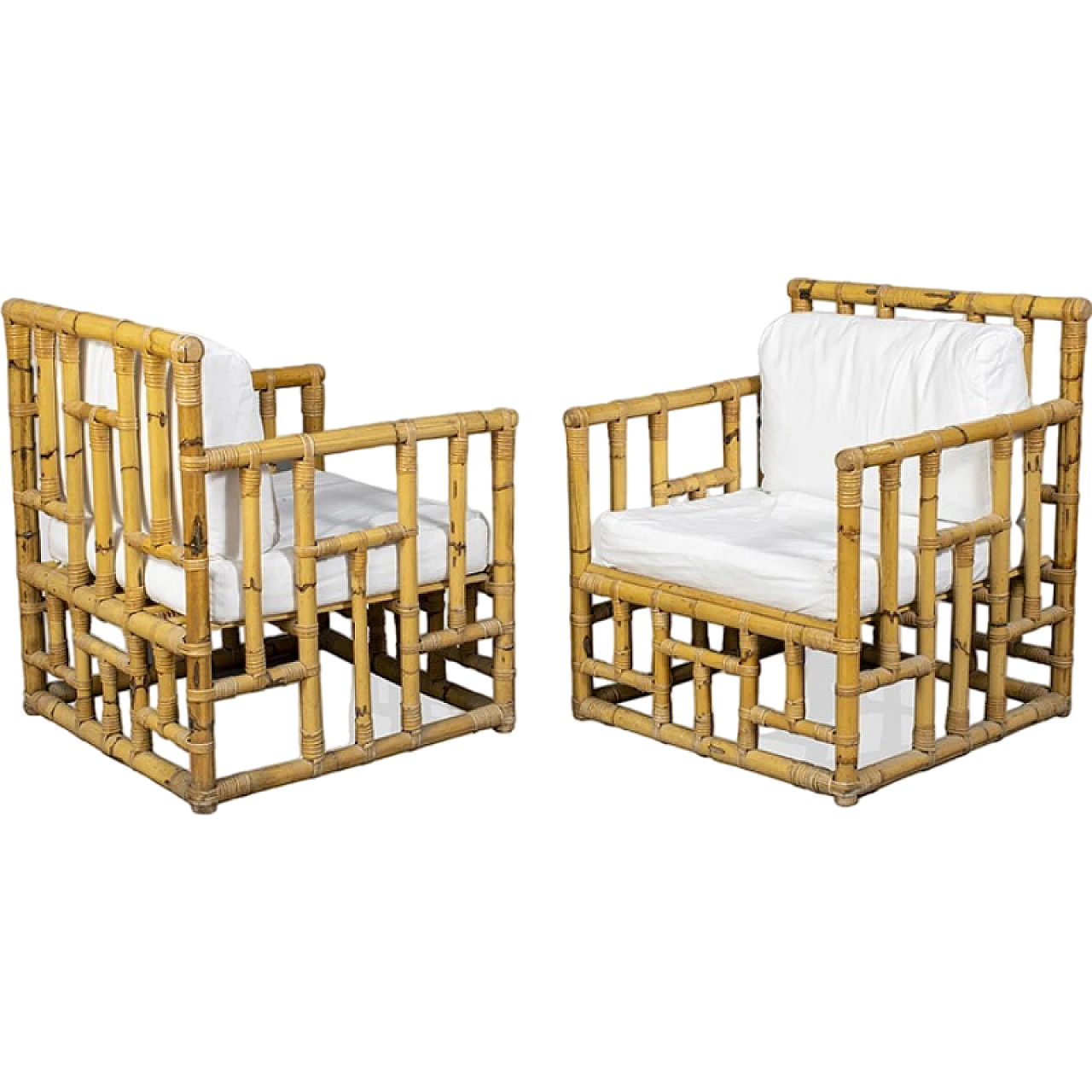 Pair of bamboo and rattan armchairs 12