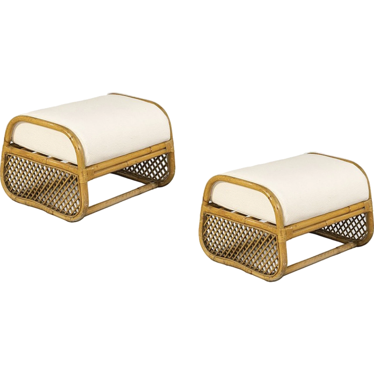 Pair of bamboo and rattan stools with fabric seat, 1980s 8