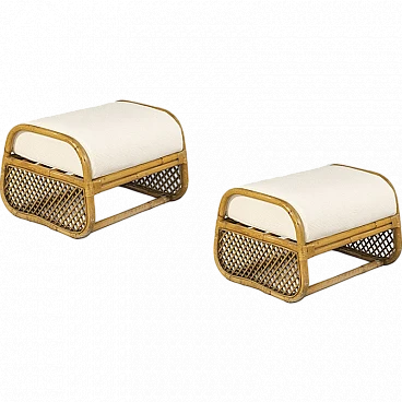 Pair of bamboo and rattan stools with fabric seat, 1980s