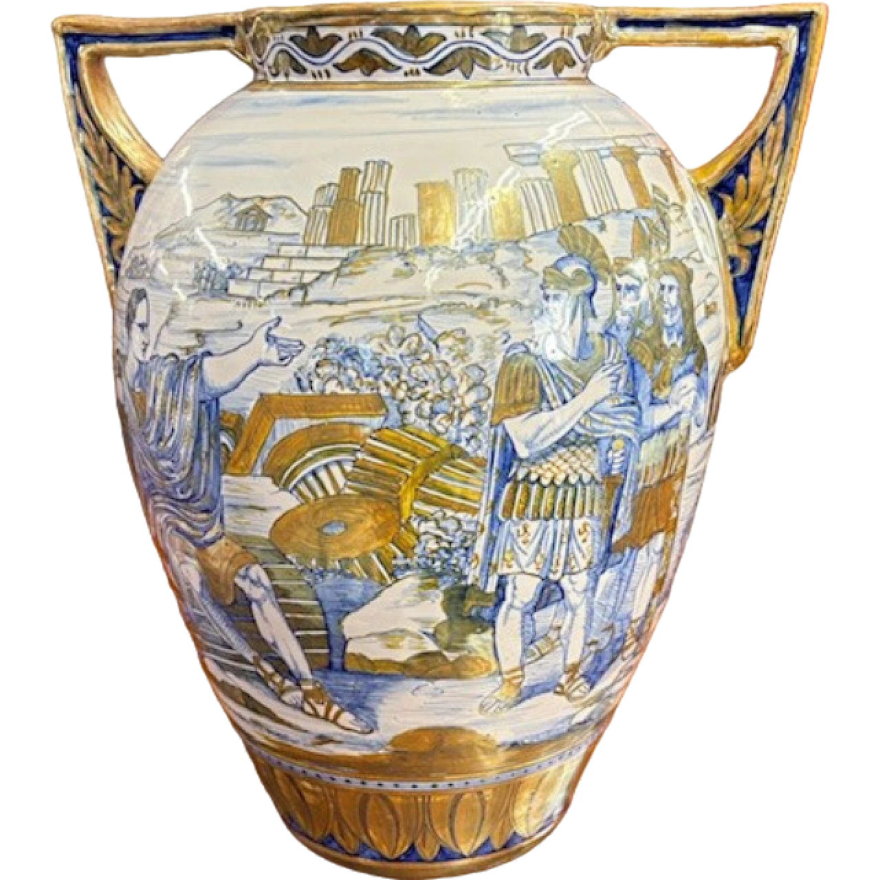 Art Decò maiolica vase Gualdo Tadino with classic fugures, 1940s 16