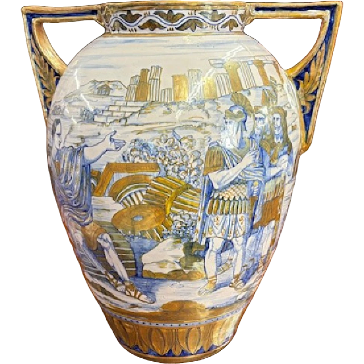 Art Decò maiolica vase Gualdo Tadino with classic fugures, 1940s 17