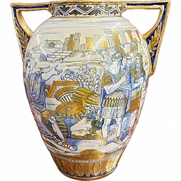 Art Decò maiolica vase Gualdo Tadino with classic fugures, 1940s