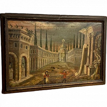 Architectural Capriccio, antique oil painting on canvas, 17th century