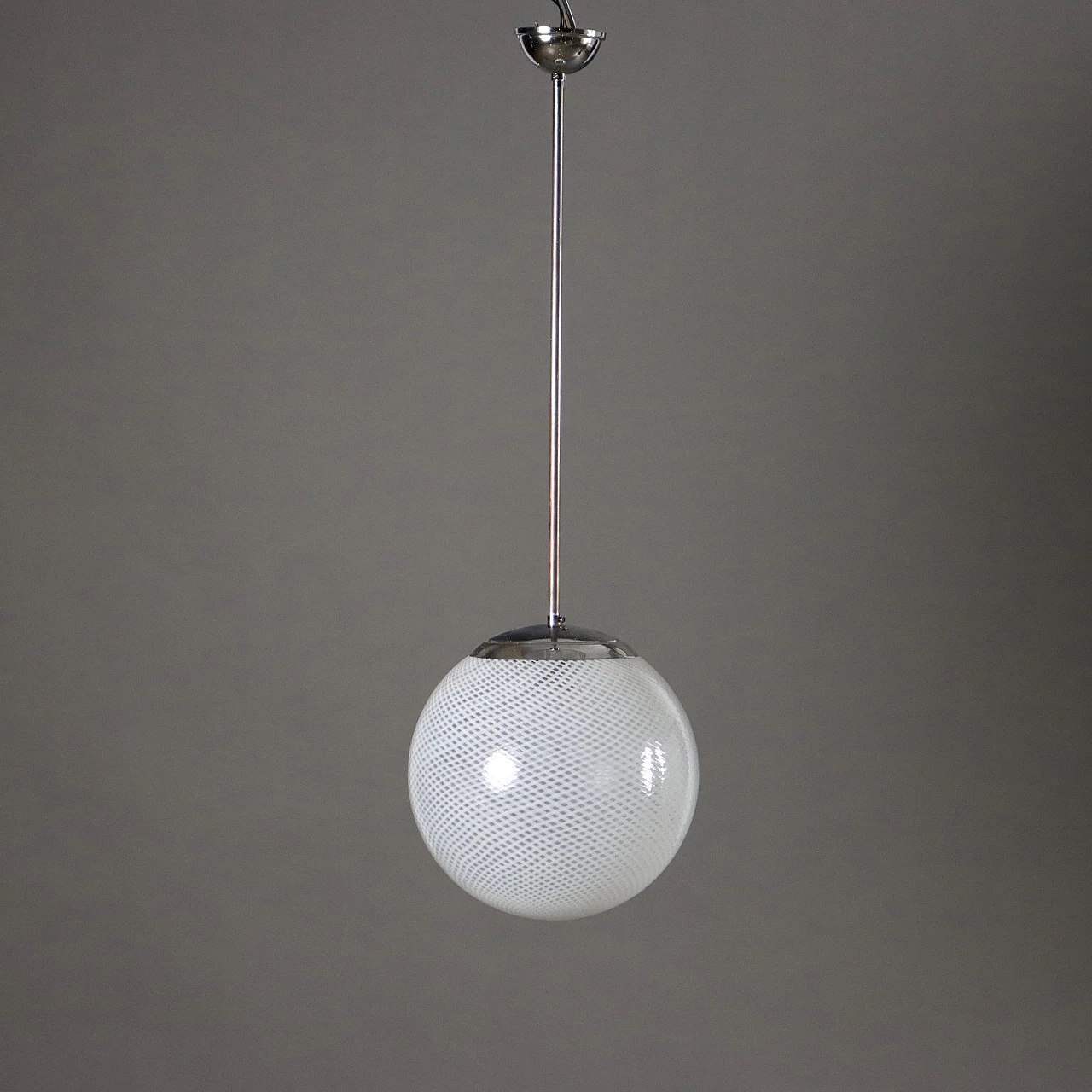 Pair of metal chandeliers with worked glass spheres, 1960s 5