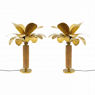 Pair of brass and rattan lamps, 1970s