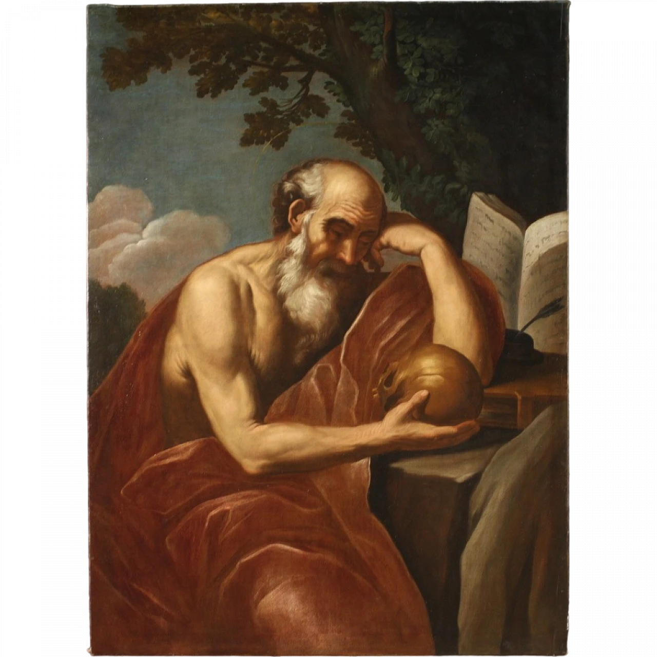 Saint Jerome in meditation, large Italian painting, 17th century 16