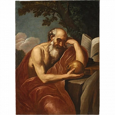 Saint Jerome in meditation, large Italian painting, 17th century