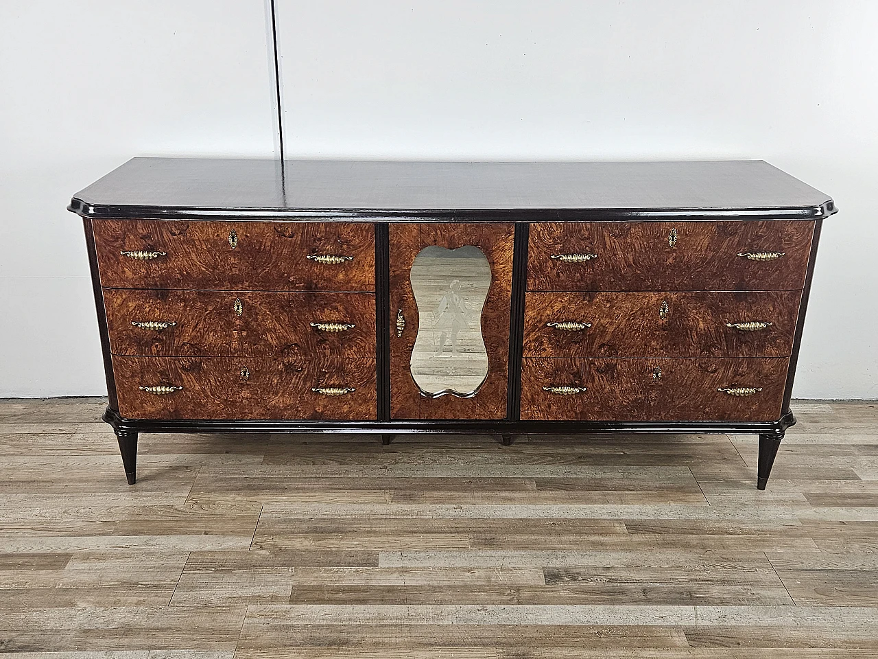 Credenza Art Decò in radica di mogano con intarsi in acero, anni '50 1