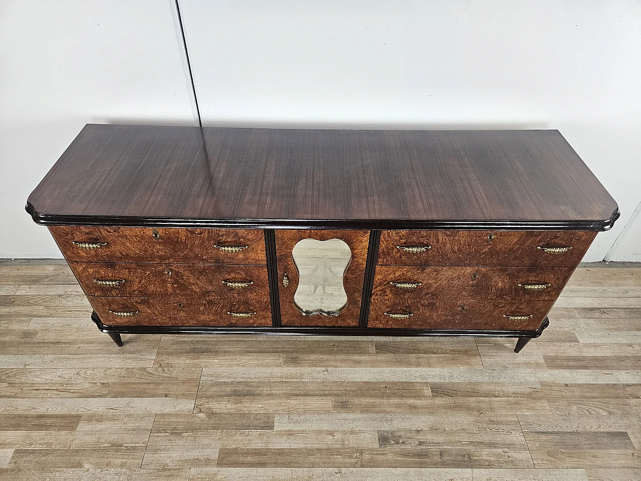 Credenza Art Decò in radica di mogano con intarsi in acero, anni '50 4