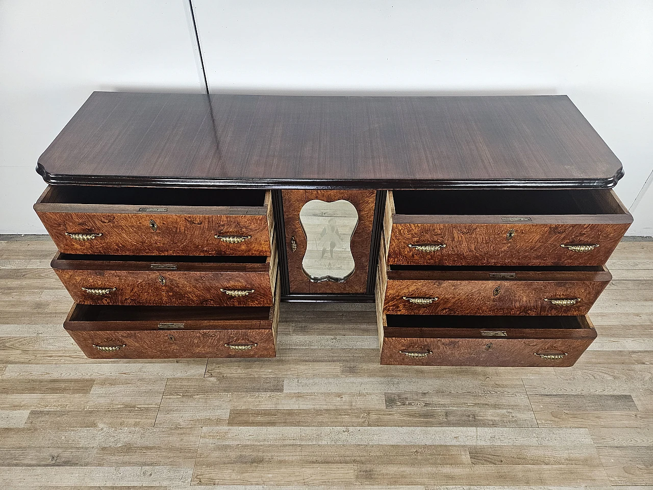 Credenza Art Decò in radica di mogano con intarsi in acero, anni '50 25