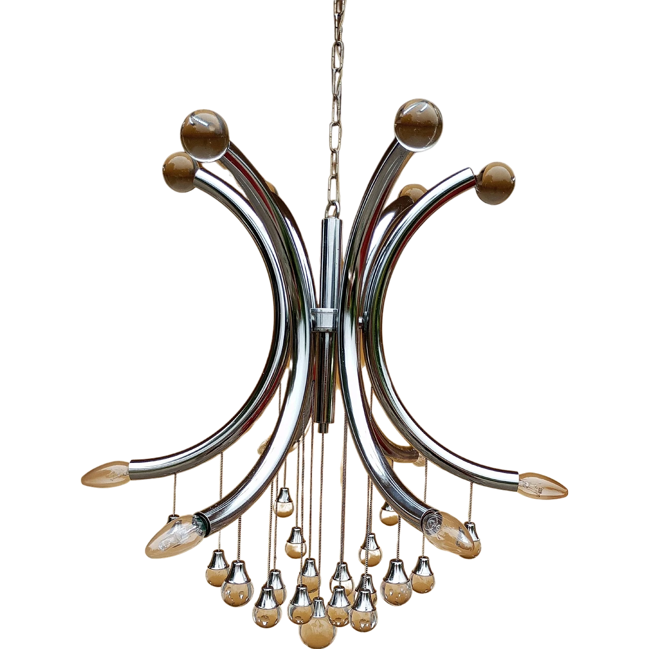 Chandelier chrome structure with glass spheres by Gaetano Sciolari, 1970s 13