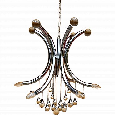 Chandelier chrome structure with glass spheres by Gaetano Sciolari, 1970s