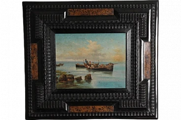 P. Barucci, Fishermen, olio painting on marine wood,early 20th century