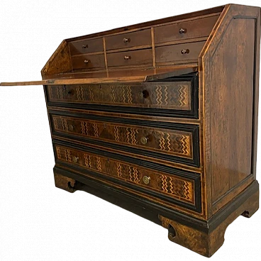 Ancient Lombard flap desk chest in inlaid wood, 17th century