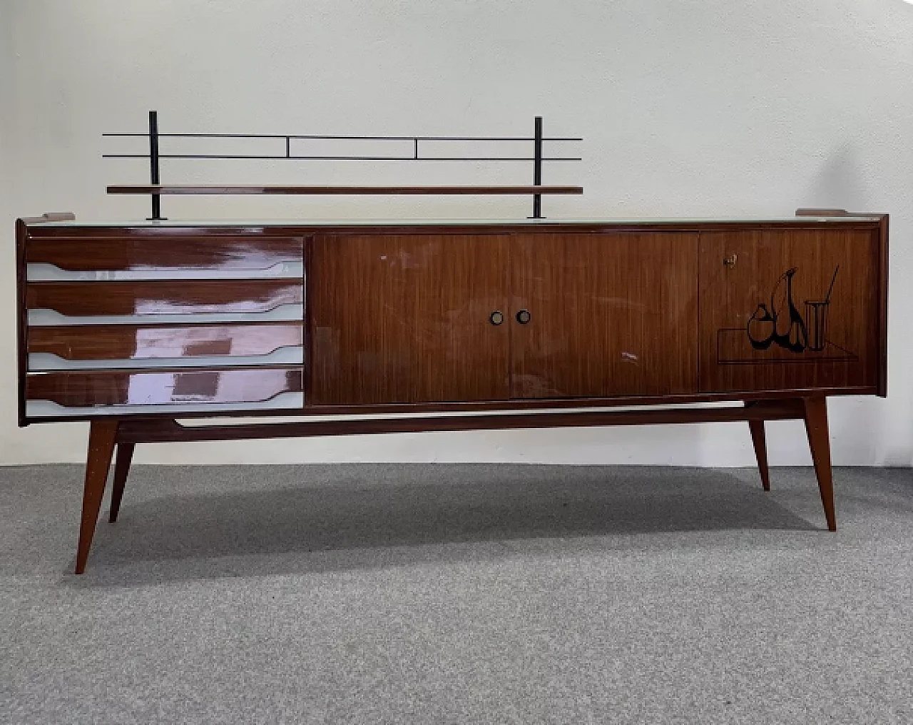 Sideboard in wood, glass and iron, 1950s 1