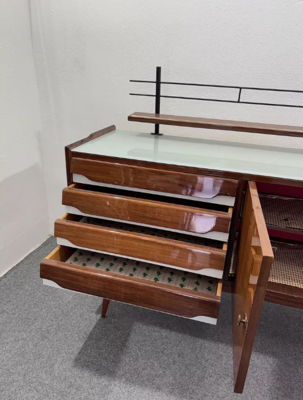 Sideboard in wood, glass and iron, 1950s 9