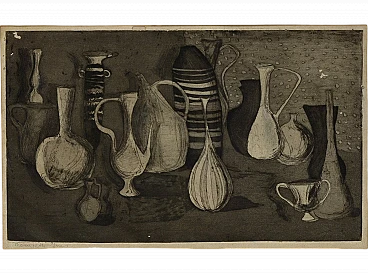 Natura morta di Giorgio Morandi, incisione su cartone, primo '900