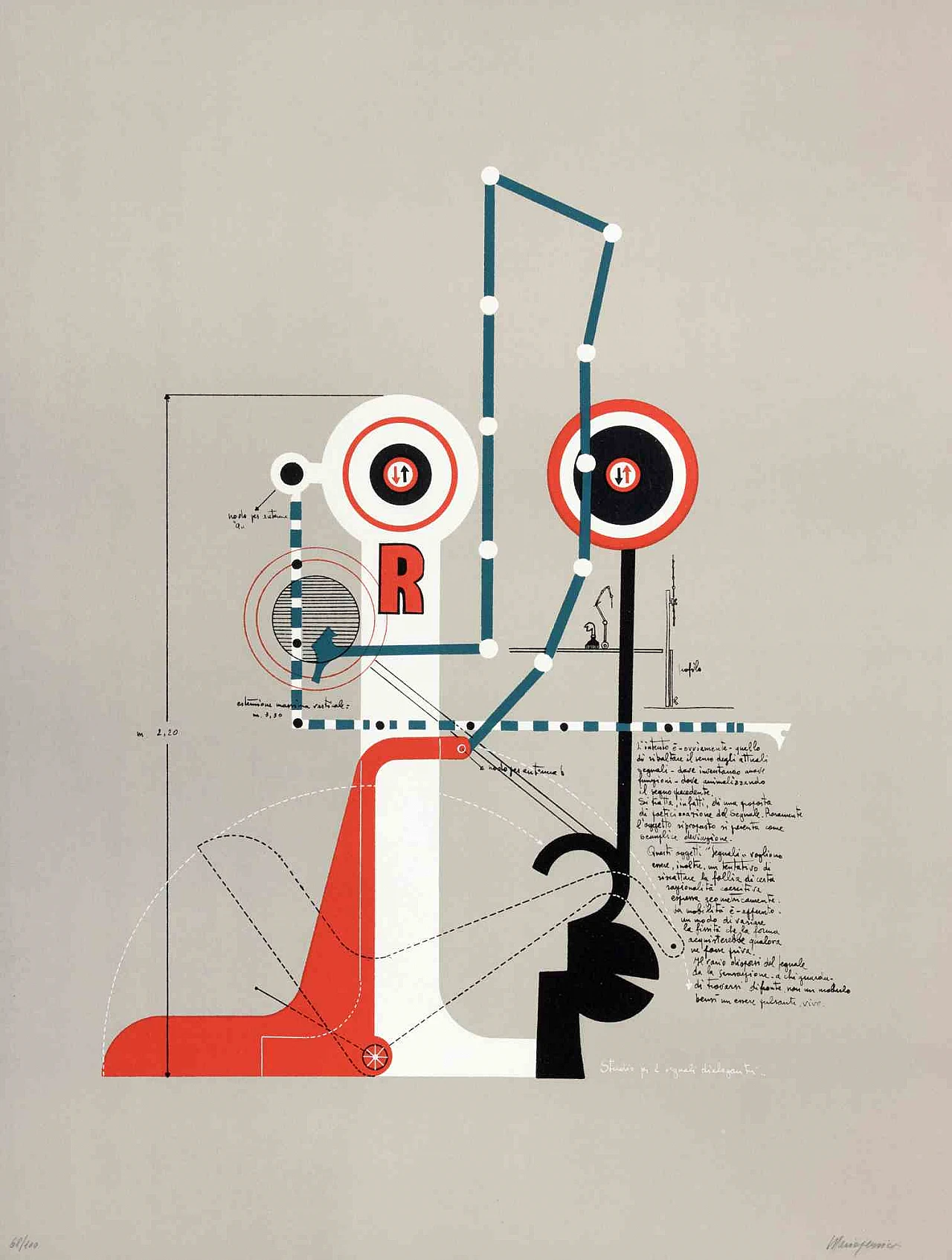 Mario Persico, Study for Two Communicating Signals, Lithograph 1960s-1970s 1