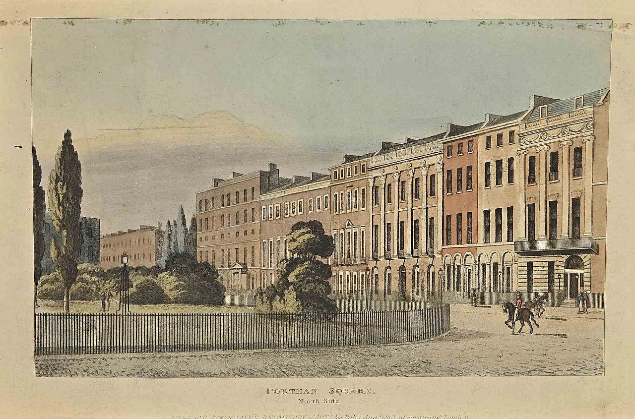 Rudolf Ackermann, Portman Square, Etching Watercolour 19th century 1