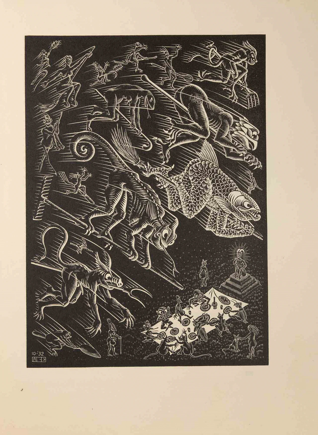 Maurits Cornelis Escher, Flying Demons, Woodcut 1920s-1930s 1