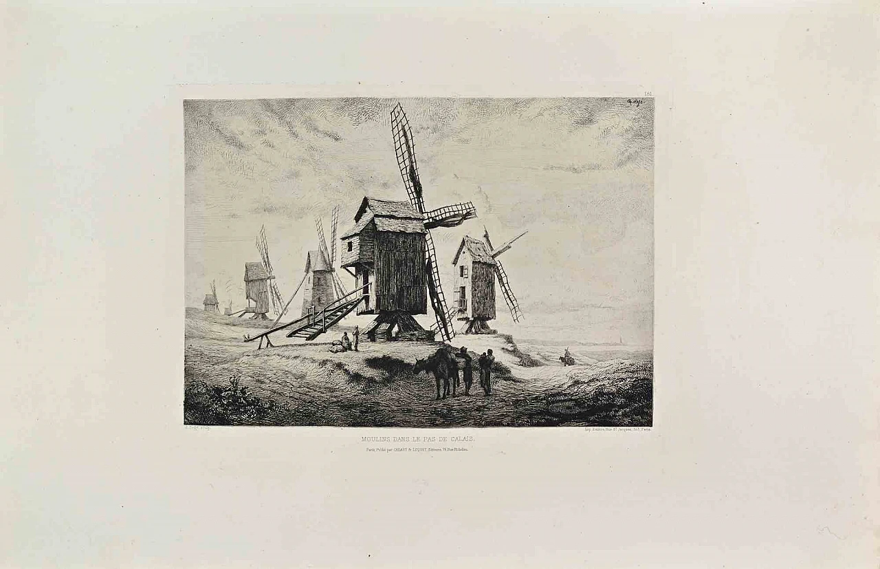 A. Sogé, Moulins dans le pas de Calais, Etching 19th century 1