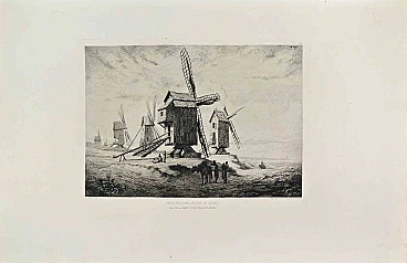 A. Sogé, Moulins dans le pas de Calais, Etching 19th century