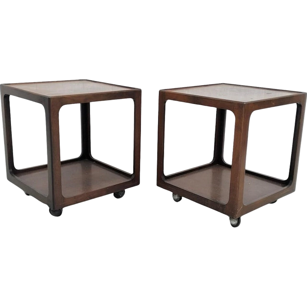 Pair of wooden side tables with wheels, 60s 11