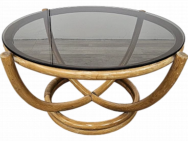 Round coffee table in bamboo and smoked glass