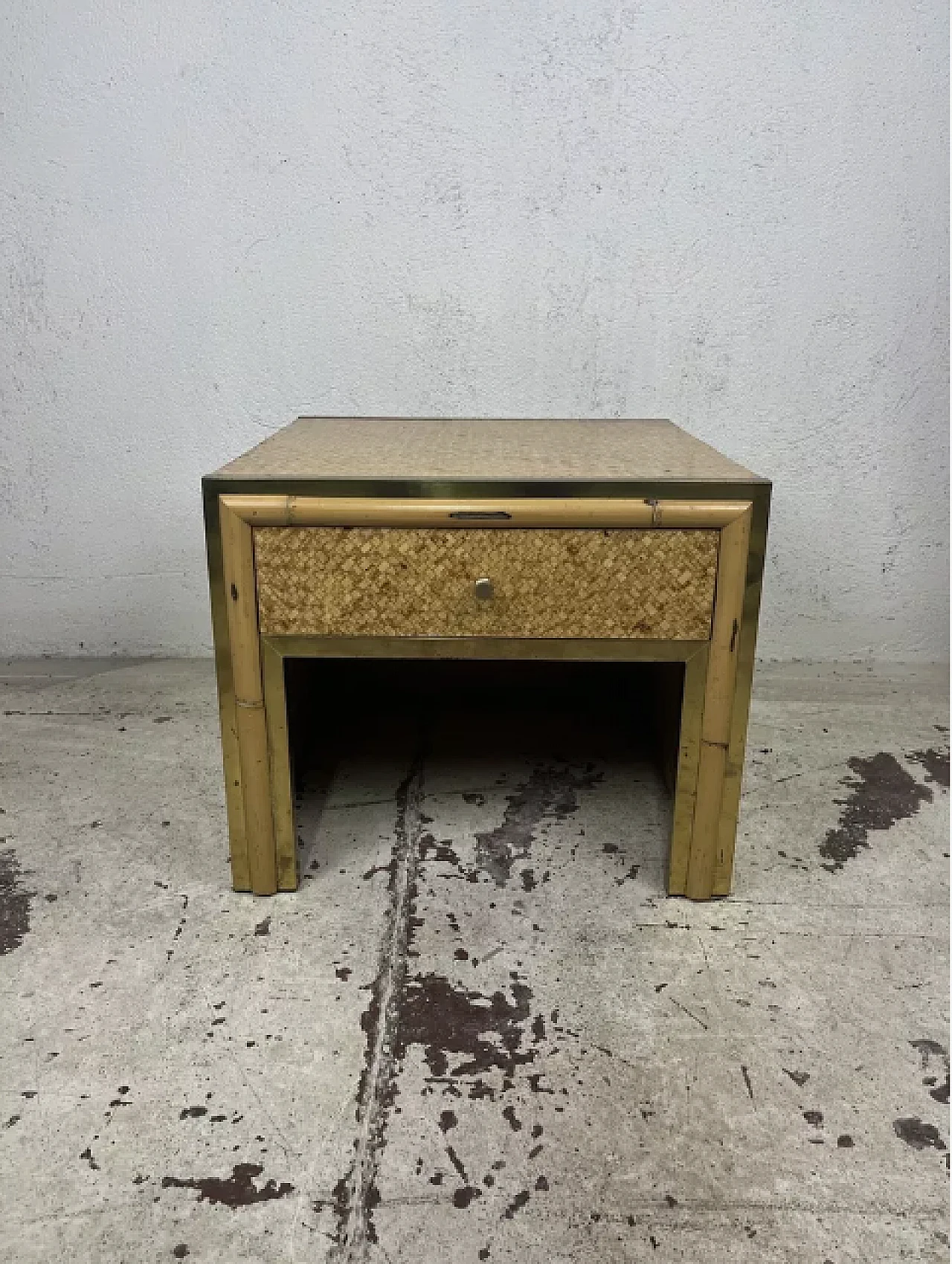 Bedside table in rattan wood, bamboo and brass, 1970s 1