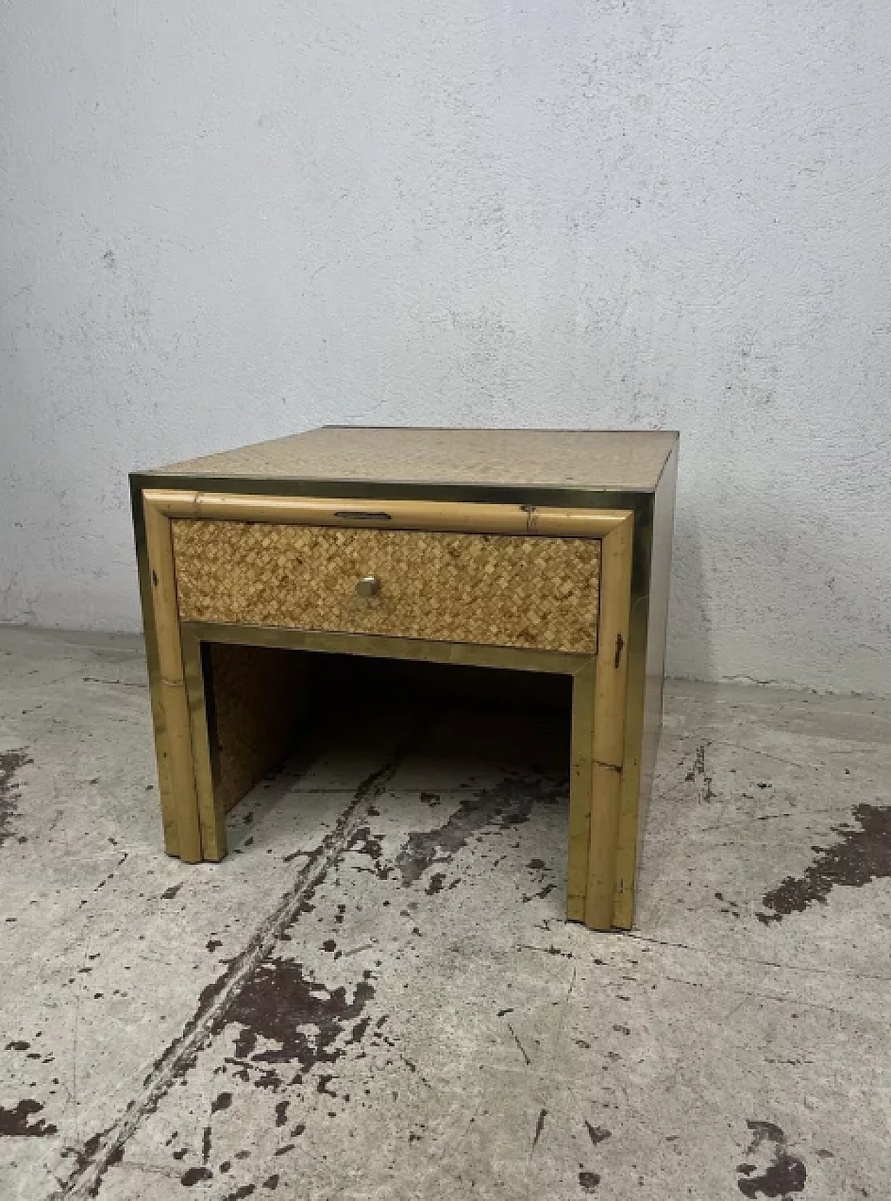 Comodino in legno, rattan, bambù e ottone, anni '70 2