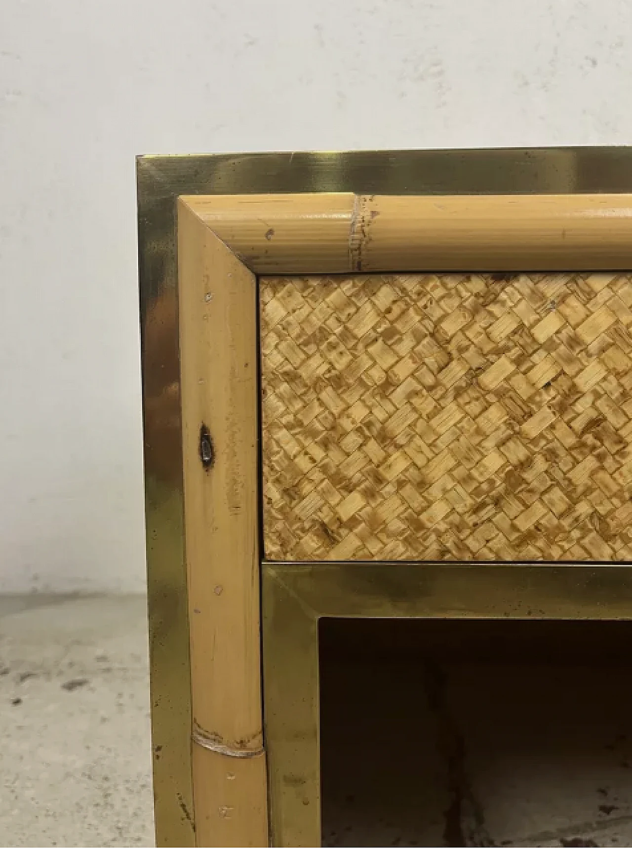 Bedside table in rattan wood, bamboo and brass, 1970s 5