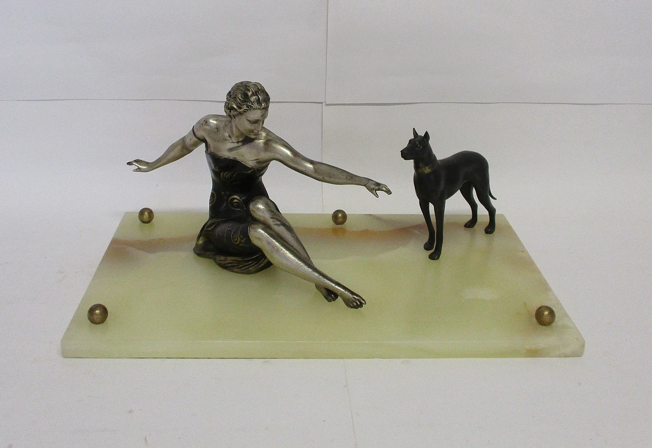 Scultura Art Deco con donna e cane alano su marmo, primo '900 1