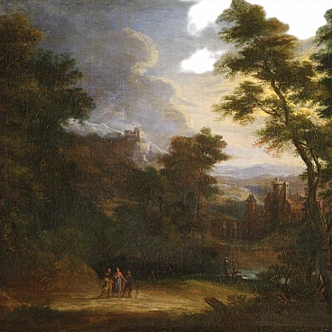 Flemish landscape painting with 17th century figures, the apparition