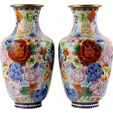 Cloisonnè vases multi-coloured decorations, XX Century