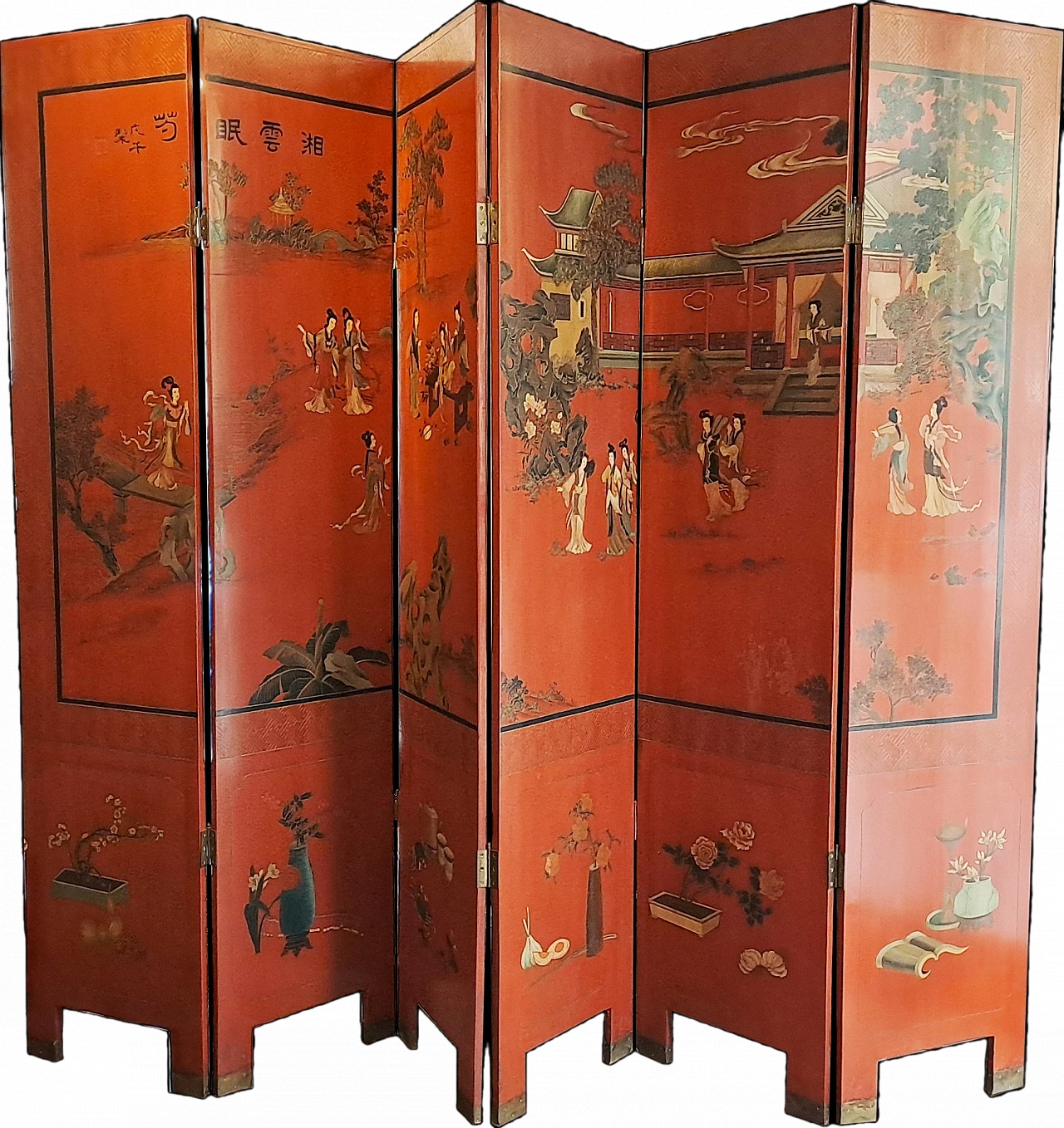 Cinese painted an lacquered screen in red and black, 20th century 12