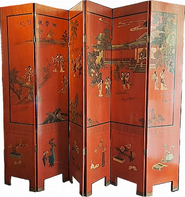 Cinese painted an lacquered screen in red and black, 20th century