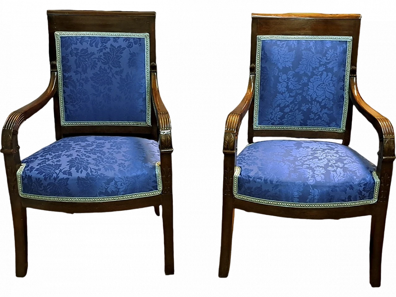 Pair of French Empire armchairs in blu fabric, 19th century 8