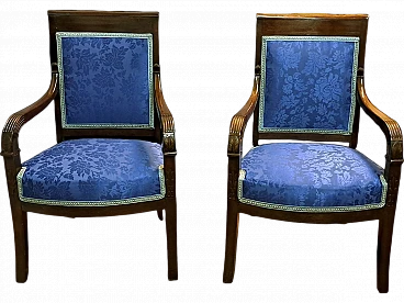 Pair of French Empire armchairs in blu fabric, 19th century