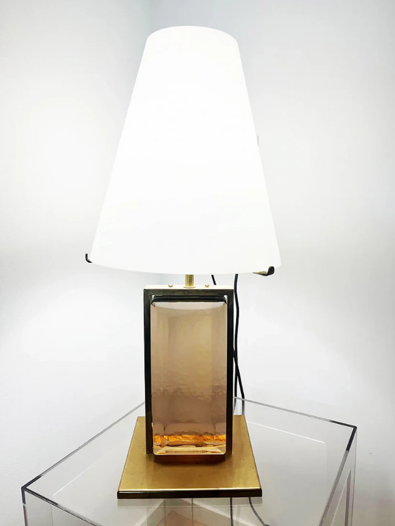 Brass, Murano and satin glass table lamp, 1970s 1